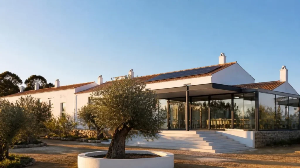 Hotel rural renovado no Alentejo, com painéis solares na cobertura e ampliação envidraçada